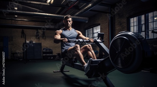 Gym Member Using The Rowing Machine photo