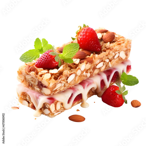 Strawberry oat and nut bar isolated on transparent or white background