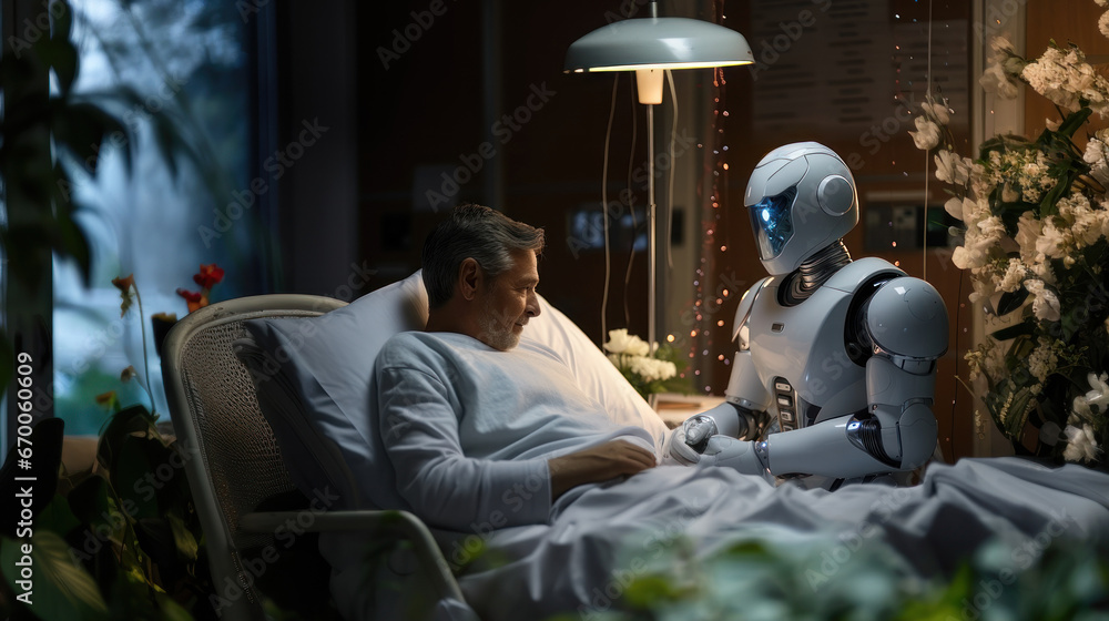 Mature man in hospital bed talking with robot. Concept of artificial intelligence. Mature man in hospital bed talking with robot. Concept of artificial intelligence.