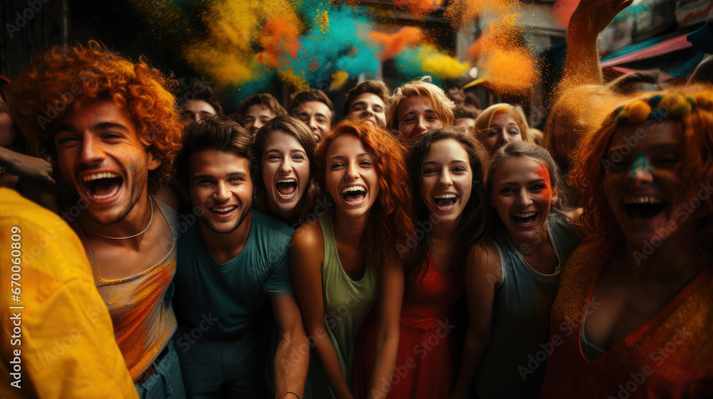 Group of young people having fun during a holi color festival.  Young multiethnic friends fun with colorful powder.