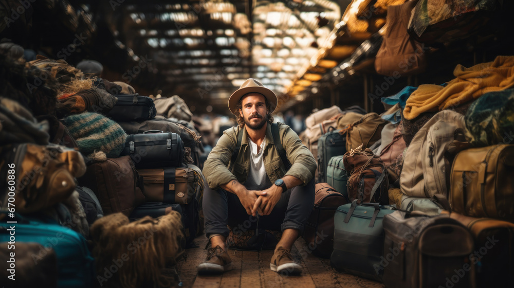 Portrait of a handsome traveler young man in hat sitting near a pile of luggage bags. Travel mood.