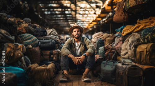 Portrait of a handsome traveler young man in hat sitting near a pile of luggage bags. Travel mood. photo