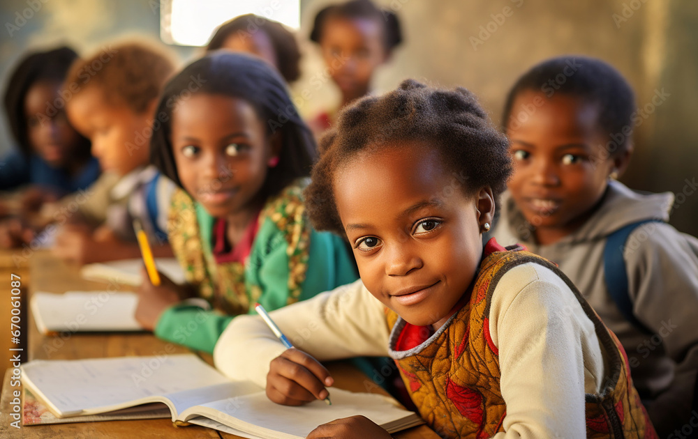 The portrait of a happy black primary student group is studying and writing a lesson in a classroom together. Generative AI. The portrait of a happy black primary student group is studying and writing a lesson in a classroom together. Generative AI.