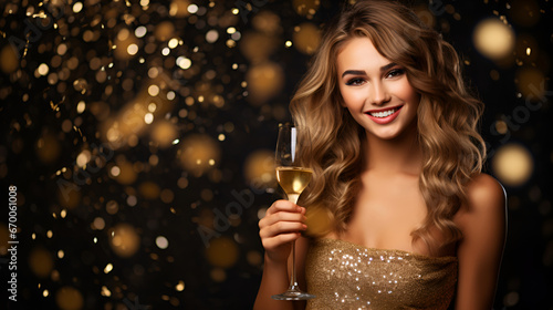 young woman in golden evening dress, holds glass of champagne in her hand on dark background. Merry Christmas and New Year, golden confetti and bokeh, banner, copy space for text. Generate Ai.