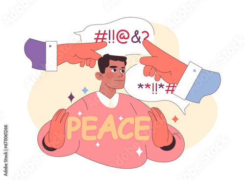 Emotional intelligence. Character with conflict resolution skill. Man resolve a confrontation, find compromise on opposite opinions. Negotiation and mediation skill. Flat vector illustration