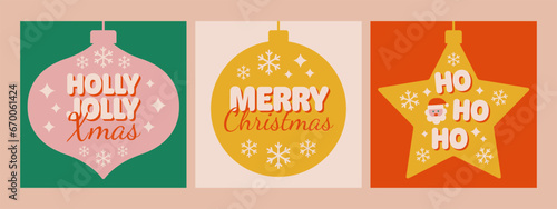 Set of modern festive phrase with Christmas balls. Holly Jolly Xmas, Merry Christmas, ho ho ho. Vector illustration