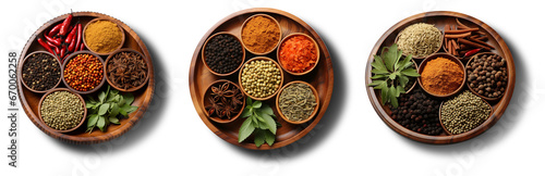 Indian spices and seasonings top view isolated over a transparent background, png