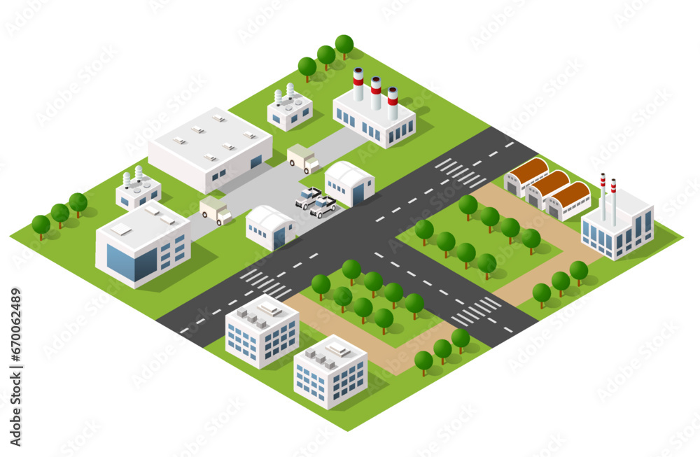 Isometric 3D city module industrial urban factory which includes buildings Isometric 3D city module industrial urban factory which includes buildings