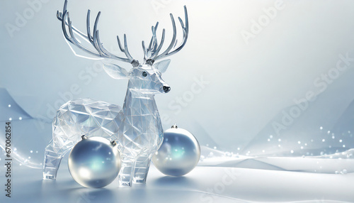 3D realistic translucent Christmas crystal deer and decorations on abstract background