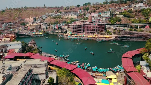 Aerial view of Omkareswar, Dwadash Jyotirling on banks of Narmada river, Madhya Pradesh, India. photo