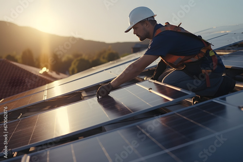 A worker with a helmet is seen adjusting or inspecting a solar panel during a sunset. The sunlight adds a beautiful warm tone to the scene