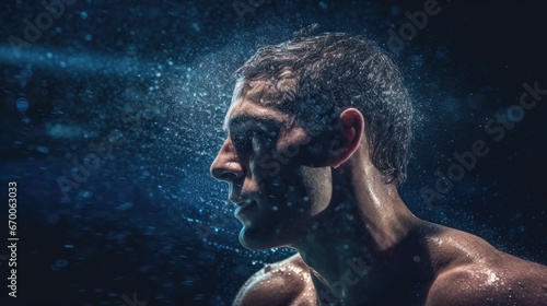 Professional man swimmer inside swimming pool. Underwater panora. photo