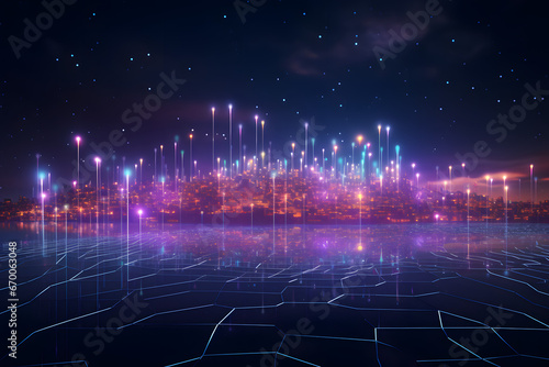 A vibrant city skyline glows with a mix of pink, red, and blue lights. It's reflected upon a digital grid beneath it, set against a backdrop filled with stars