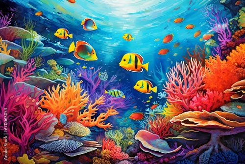 Underwater world, coral reef with fish