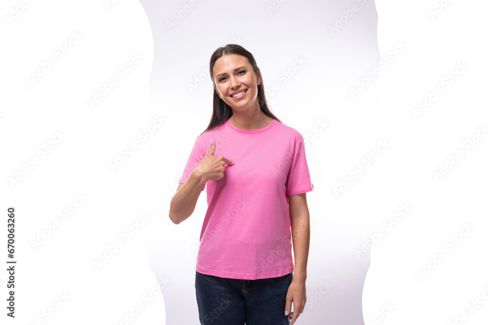 young brunette woman dressed in a pink t-shirt with print mockup young brunette woman dressed in a pink t-shirt with print mockup