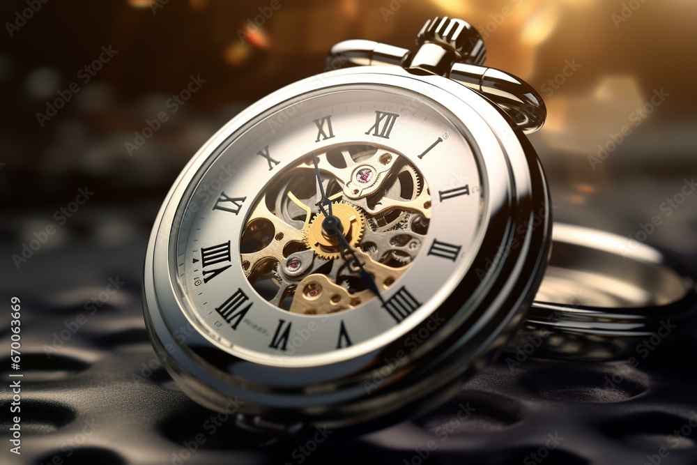 Close-up of a pocket watch with chronograph and a monochrome mechanical face on sale. Time concept with lens flare. 3D rendering. Generative AI