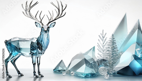 3D realistic translucent Christmas crystal deer and decorations on abstract background © CreativeStock