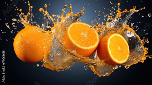 Orange slices exploded water splash in dark background