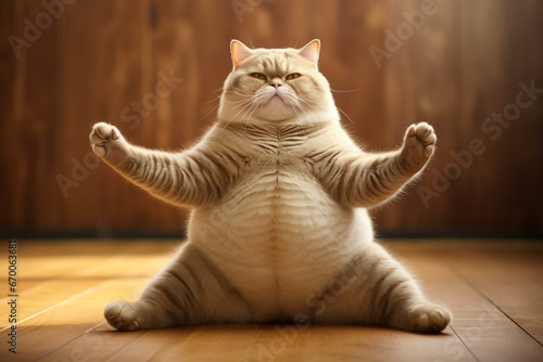 chubby feline practicing yoga in bright space. Generative AI