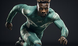 Strong athletic, African American man sprinter or runner, wearing futuristic sportswear training outdoor. Fitness, sport motivation concept. Run in energy power.
