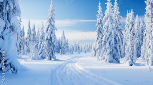 panoramic photo of the trees covered with snow in the Snowland