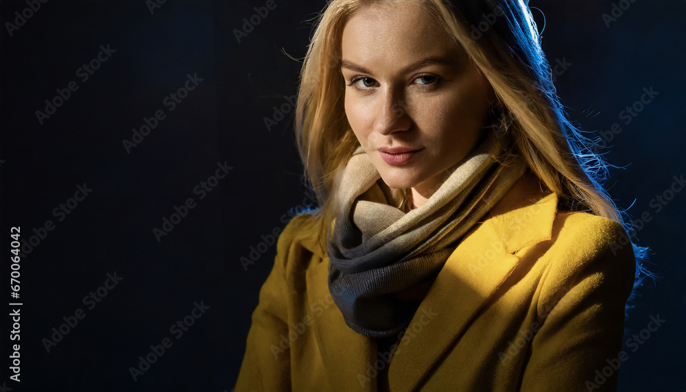 Modeporträt einer schönen blonden Frau in gelbem Mantel und Schal. Modeporträt einer schönen blonden Frau in gelbem Mantel und Schal.
