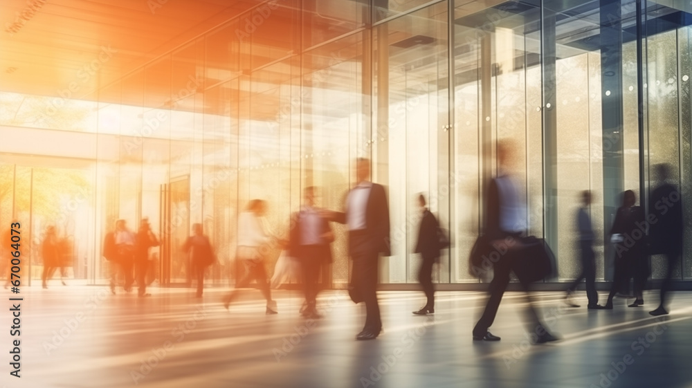 Blurred business people walking in a glass office background