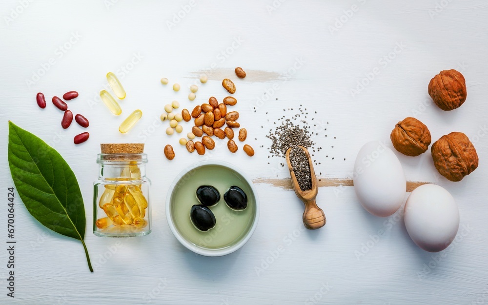 Selection food sources of omega 3 and unsaturated fats. Super food high