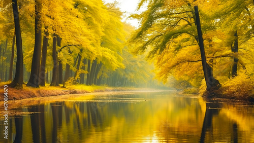 A stream flowing in an autumn , Autumn, fall landscape photo wallpaper, an orange stream surrounded by trees forming an autumn forest, Generative AI	