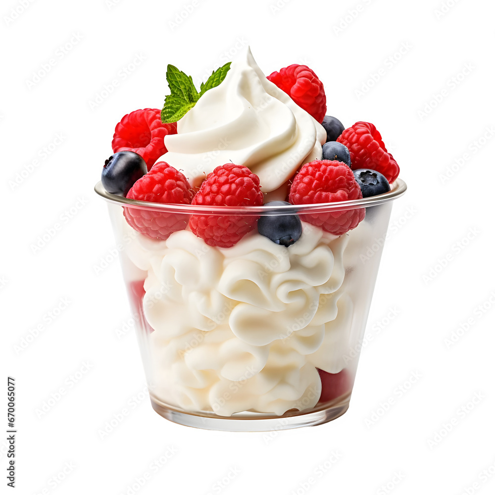 Cream and strawberries in the cup isolated on transparent or white background Cream and strawberries in the cup isolated on transparent or white background