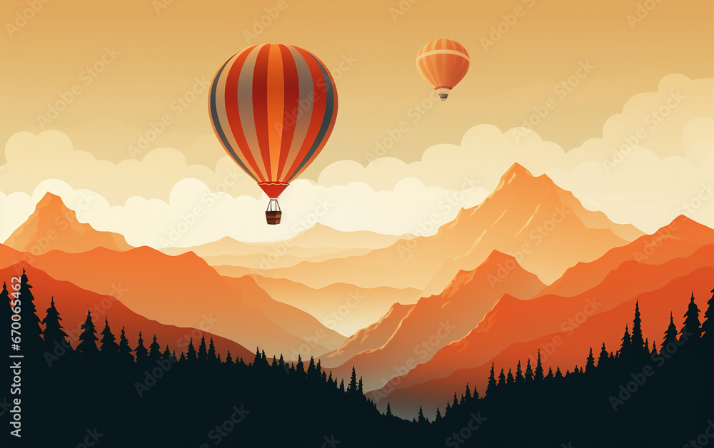 Floating hot air balloon in the valley outdoors,created with Generative AI tecnology.