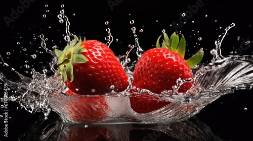front view fresh red strawberry hit by water splash on black background and blur