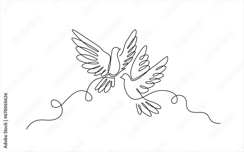 Obraz premium Continuous one line drawing of flying pigeons . Bird symbol of peace and freedom in simple linear style. Concept for logo, card, banner, poster