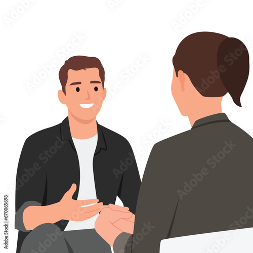 Two business people are having a business meeting in a conference room. Flat vector illustration isolated on white background