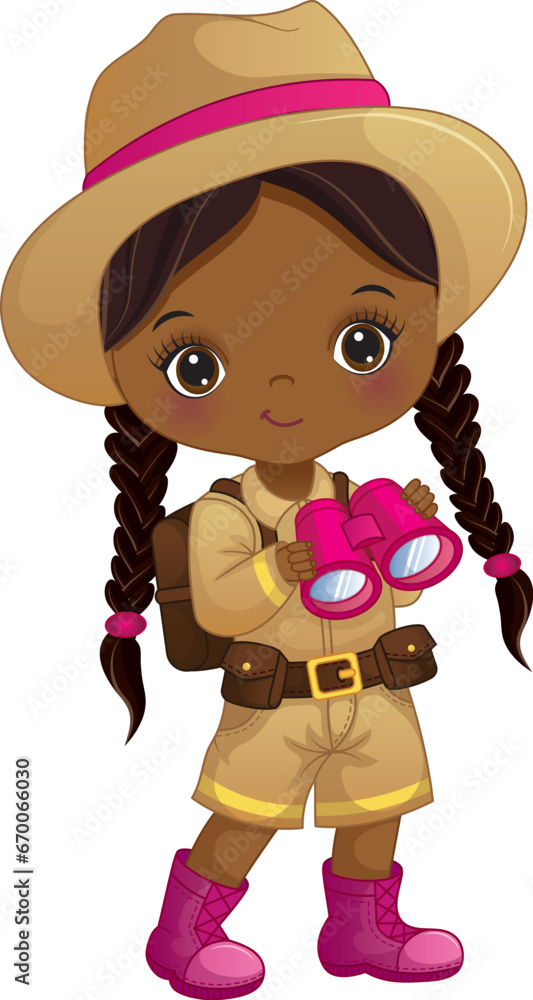 Fotografie Vector African American Zoologist with Binocular and Rucksack