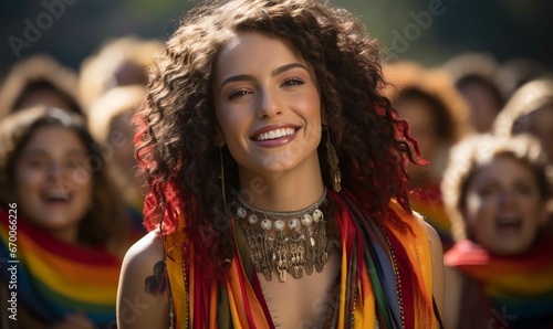 Happy Woman with Curly Hair and Beautiful Smile Looking at Camera
