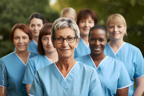Group of female nurses of various ages standing outdoors