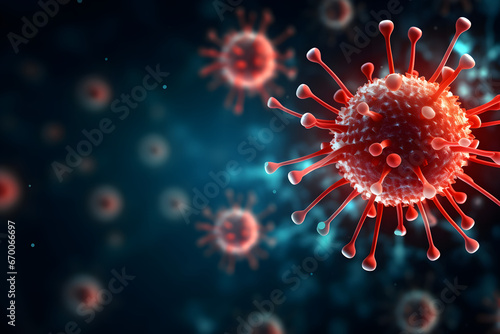 Red spiked viruses stand out against blue bokeh particles background
