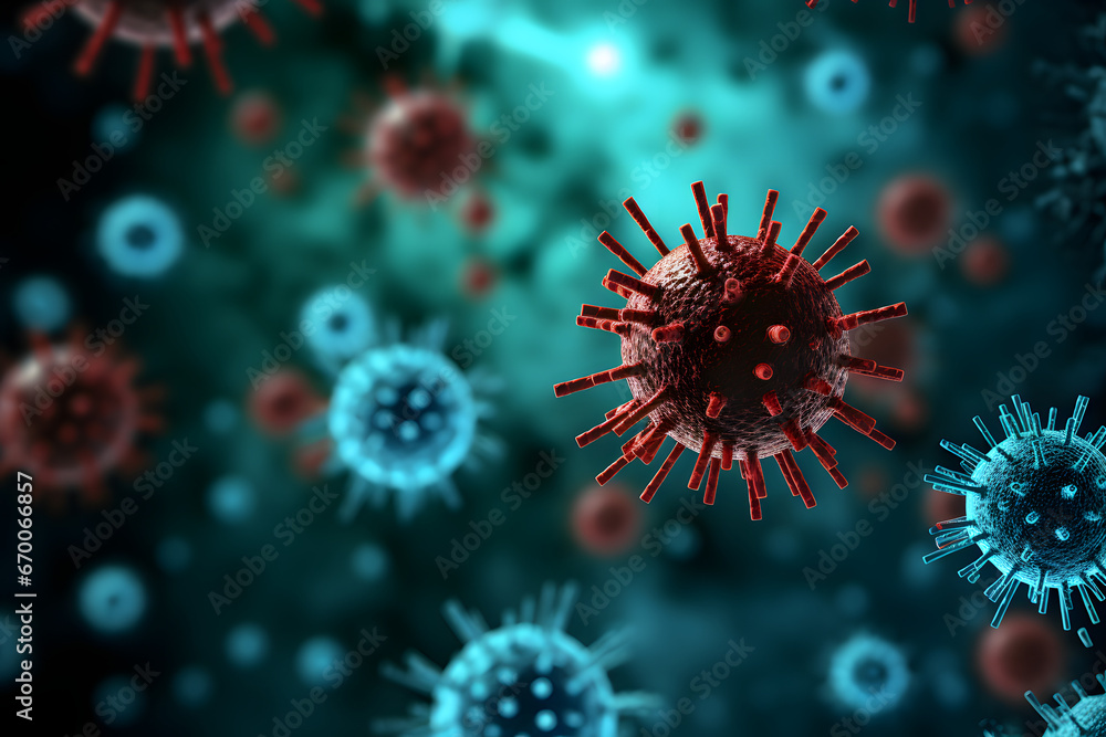 Red and blue virus particles of varying sizes float against a turquoise blue background Red and blue virus particles of varying sizes float against a turquoise blue background
