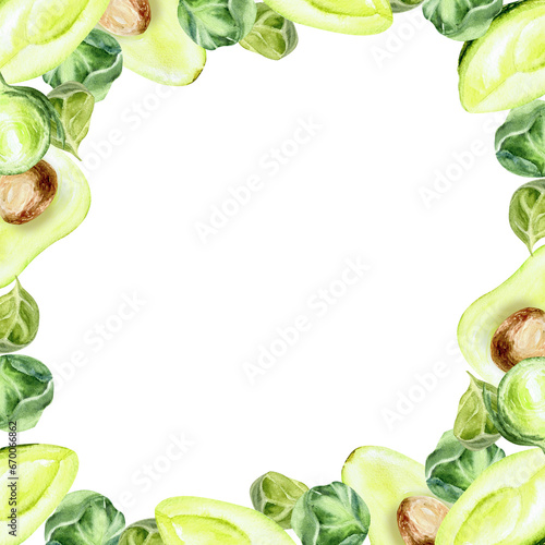 Watercolor green vegetables frame. Hand drawn round border with avocado, bussel's cabbage and spinach for menu, restaurant, cafe, product packing design.Isolated clip art , vegan food illustration photo