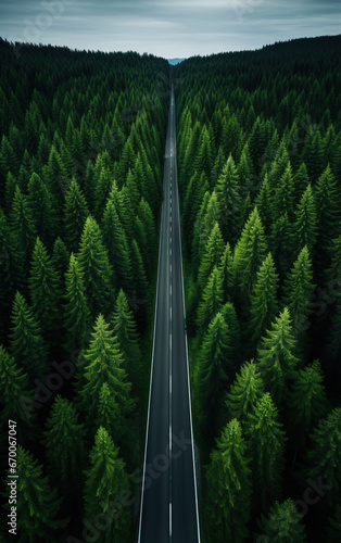 Top view of conifer forest and road,created with Generative AI tecnology. © henvryfo
