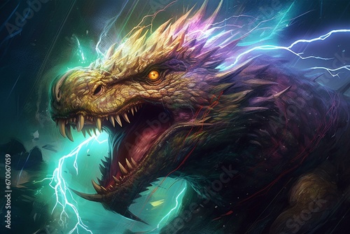 Vivid monster amidst lightning, colorful art, painted illustration. Generative AI