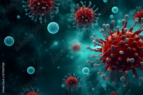 Red viruses interspersed with smaller blue circles dominate a deep teal backdrop © alexandr
