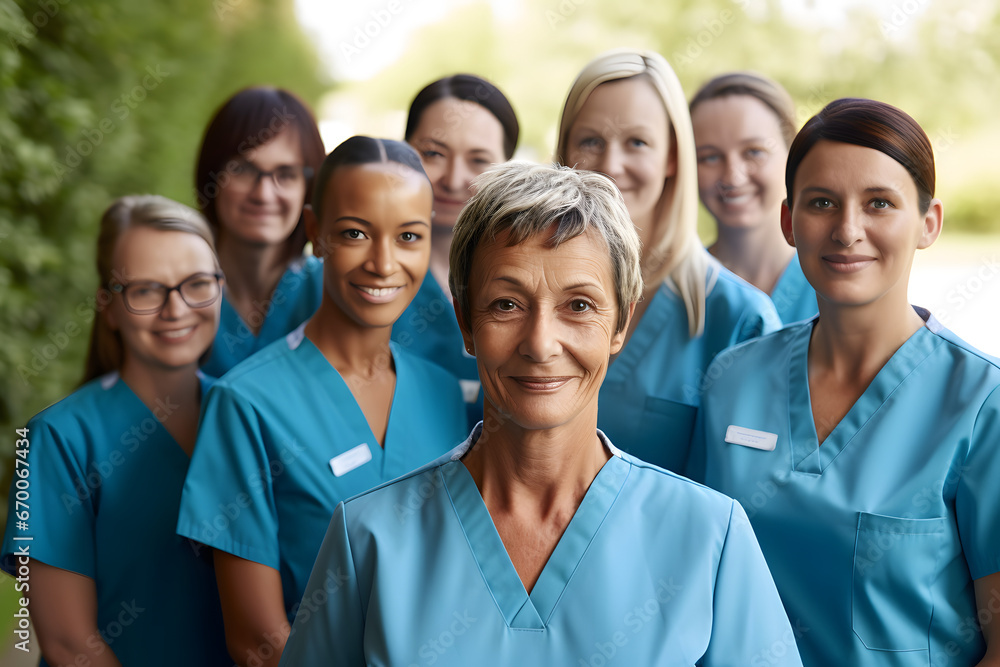 Group of female nurses in blue uniforms stand together outdoors Group of female nurses in blue uniforms stand together outdoors