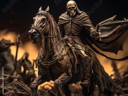 Black horseman skull of apocalypse riding black horse AI