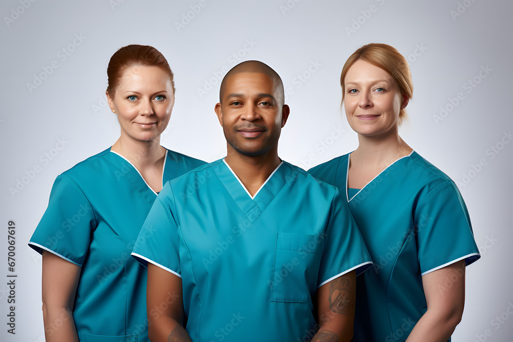Man stands between two women all wearing light blue medical uniforms Man stands between two women all wearing light blue medical uniforms