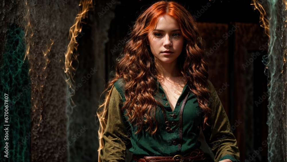 Fototapeta premium Red-haired young girl resting in a dark forest