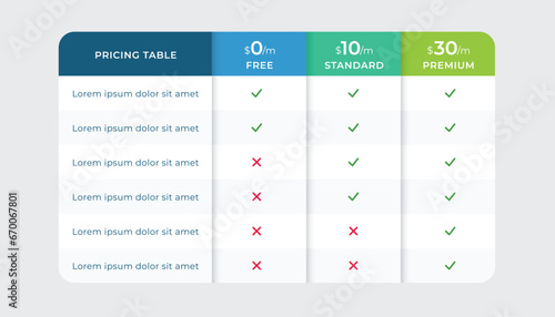 Business plan pricing table. Comparison table infographic.