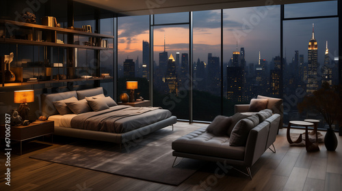 Camera da letto con arredamento moderno con ampia vetrata sulla città al tramonto © Wabisabi