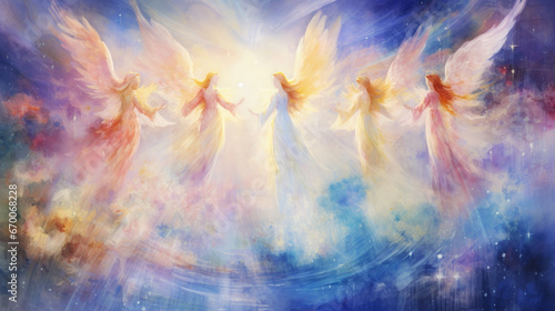 Digital art of colorful angels with open wings in the heavens.